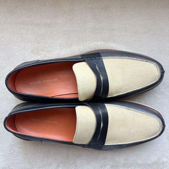 Marc Nolan Abe Navy Blue Leather & Tan Cream Canvas Loafers Men15 Slip On Boat - Picture 8 of 16